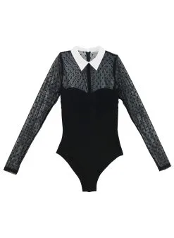Fleur Du Mal Collared Bodysuit With Dotted Tulle -Lingerie Store BS0033 BLACK DTM