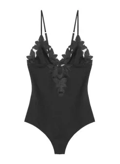 Fleur Du Mal Lily Embroidery V-Neck Plunge Bodysuit -Lingerie Store BS0065 BLACK web