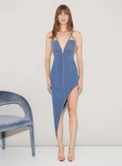 Fleur Du Mal Asymmetric Denim High Leg Dress