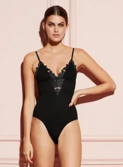 Fleur Du Mal Lily Embroidery V-Neck Plunge Bodysuit