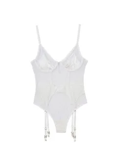 Fleur Du Mal Dotty Tulle Garter Bodysuit -Lingerie Store dottyivorybodysuitflat1