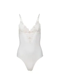 Fleur Du Mal Lily Embroidery V-Neck Plunge Bodysuit -Lingerie Store lilybodyivoryflat1