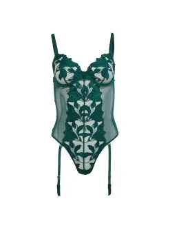 Fleur Du Mal Lily Embroidery Cupped Bodysuit -Lingerie Store lilybodysuitevergreenflat1