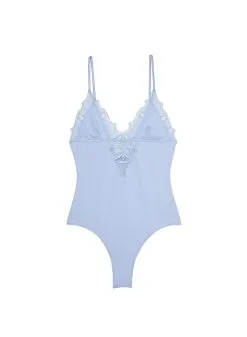 Fleur Du Mal Lily Embroidery V-Neck Plunge Bodysuit -Lingerie Store pastelskylilybodyflat1