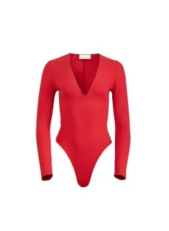 Fleur Du Mal Long Sleeve Plunge Bodysuit -Lingerie Store rougebodysuitflat1