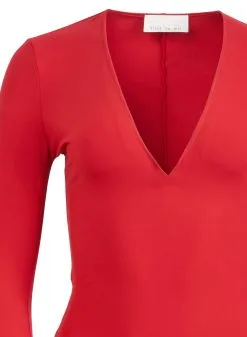 Fleur Du Mal Long Sleeve Plunge Bodysuit -Lingerie Store rougebodysuitflat2