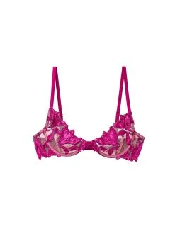 Fleur Du Mal Fuller Cup Velvet Lily Embroidery Plunge Demi Bra -Lingerie Store velvetlilymagentaflat1